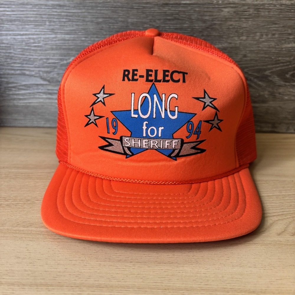 Vintage Re Elect Long for Sheriff Hat Cap Snap Back Orange Mesh Trucker Mens 90s